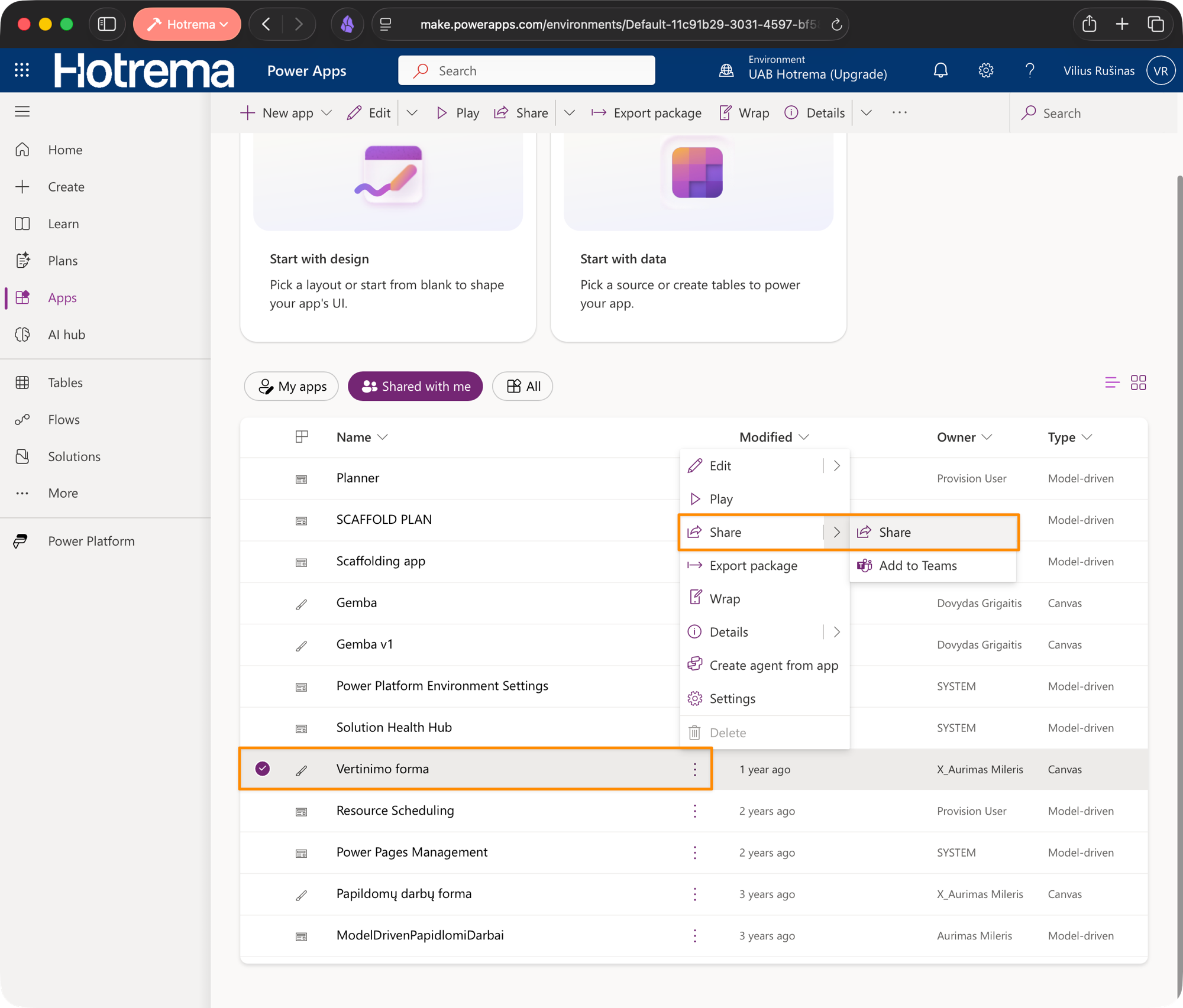 Power Apps aplikacijų sąrašas su pažymėta Vertinimo forma ir atidarytu kontekstiniu meniu, kuriame pažymėtas Share.